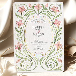 Elegante Art Nouveau Pink Lily Wedding Einladung
