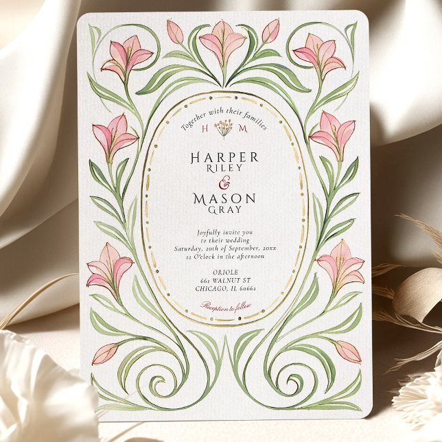 Elegante Art Nouveau Pink Lily Wedding Einladung (Von Creator hochgeladen)