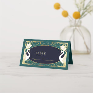 Elegante Art-Nouveau-Schwäne-Hochzeit Platzkarte