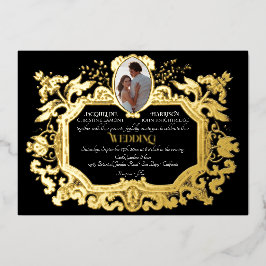 Elegante Art Nouveau Winter Black n Gold Wedding Folieneinladung