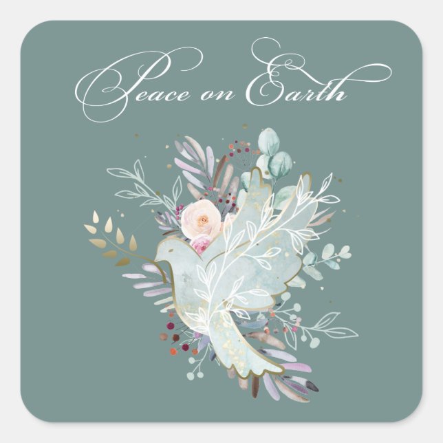 Elegante Artistic Floral Weltfrieden Dove Quadratischer Aufkleber (Vorderseite)
