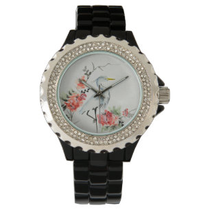 Elegante Asiatische Krane und Blossom Kunst Armbanduhr