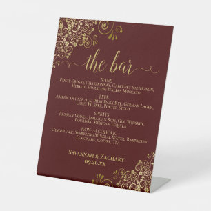 Elegante Auburn & Gold Drinks oder Bar Menu Weddin Sockelschild