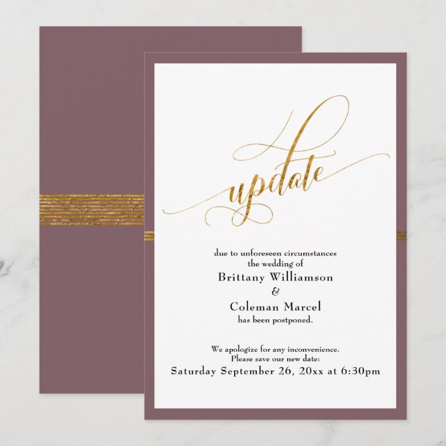 Elegante, aufgeschobene Wedding Mauve Gold Stripe  Einladung (Vorne/Hinten)