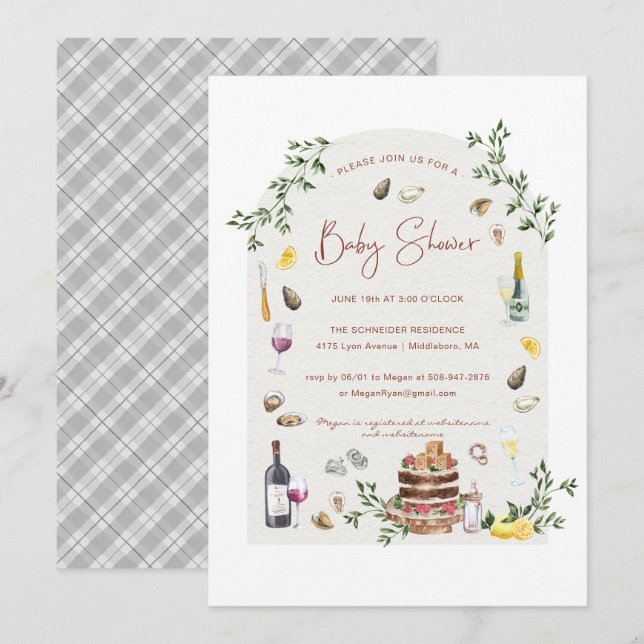 Elegante Austern & Wine | Babyparty Einladung (Vorne/Hinten)