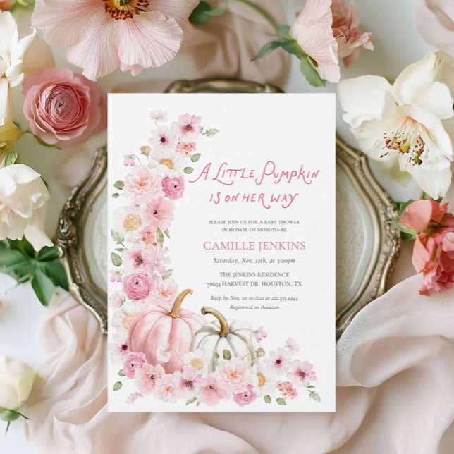 Elegante Autumn Pumpkin and Floral Baby Shower Einladung (Blush Pink Pumpkins and Flowers Baby Shower Invitation)