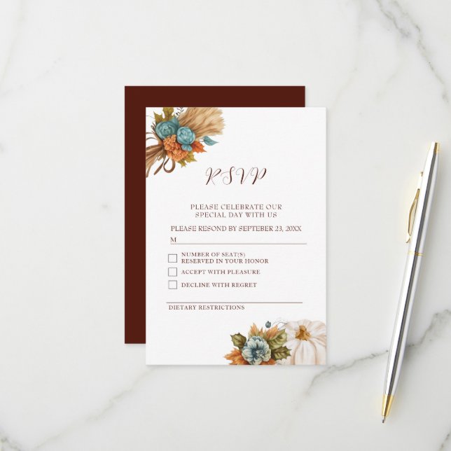 Elegante Autumn Pumpkin Hochzeit im Herbst RSVP Ca (Vorderseite/Rückseite Beispiel)