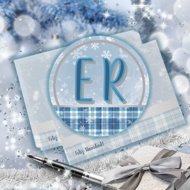 Elegante Azul Etiqueta Monograma Navideña Runder Aufkleber (Von Creator hochgeladen)