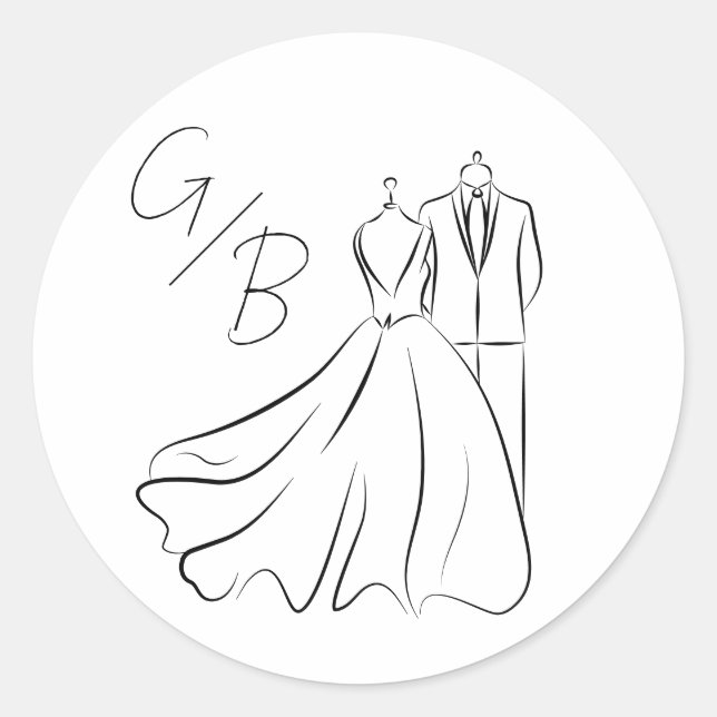Elegante B&w Tux & Dress Monogram Wedding Runder Aufkleber (Vorderseite)