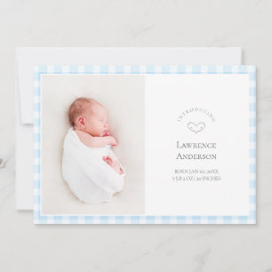 Elegante Baby-Blau-Gingham 2 Foto Baby-Junge-Gebur Ankündigung