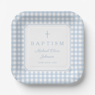 Elegante Baby-Blau-Gingham-Taufe für Jungen Pappteller