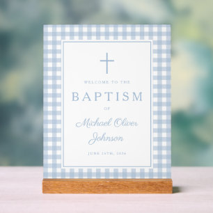 Elegante Baby-Blau-Gingham-Taufwillkommensgruß für Acrylschild
