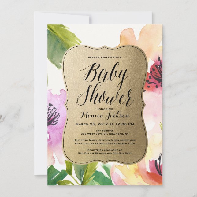 Elegante Baby-Duschen-Einladung des Blumen-Gold| Einladung (Vorderseite)