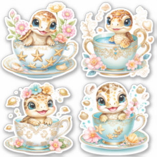 Elegante Baby-Schildkröte in Teetasse - Florales D Aufkleber