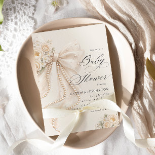 Elegante Baby Shower-Einladung mit Perlen-Schleife Einladung