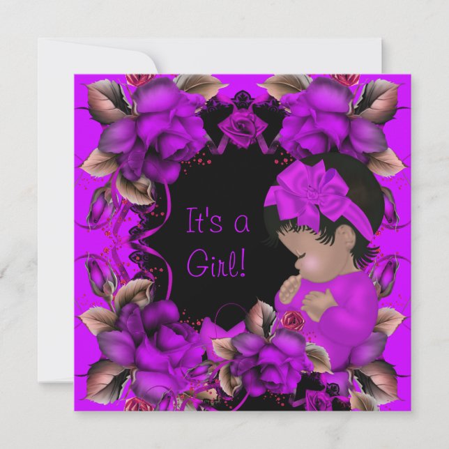 Elegante Baby Shower Girl Lila Pink Rose Blume Einladung (Vorderseite)