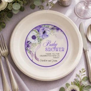 Elegante Baby-Shower im lila Blumenmuster Pappteller