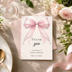 Elegante Baby-Shower-Schleife in Rosa mit Elfenbei Dankeskarte