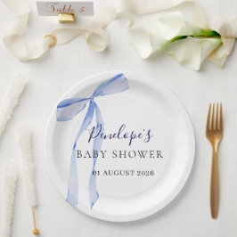 Elegante Baby Shower Teller mit blauer Schleife 