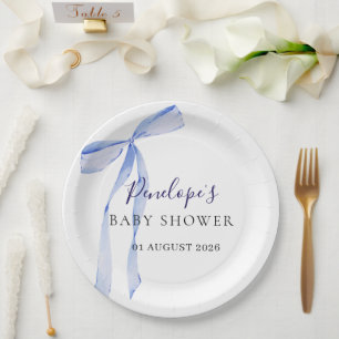 Elegante Baby Shower Teller mit blauer Schleife