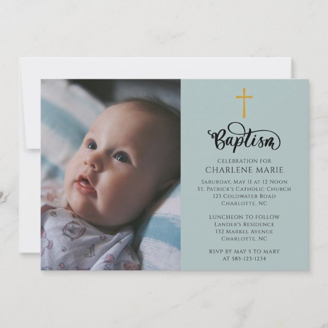 Elegante Baby-Taufe Mit Foto und Kreuz einladen Einladung (Vorderseite)