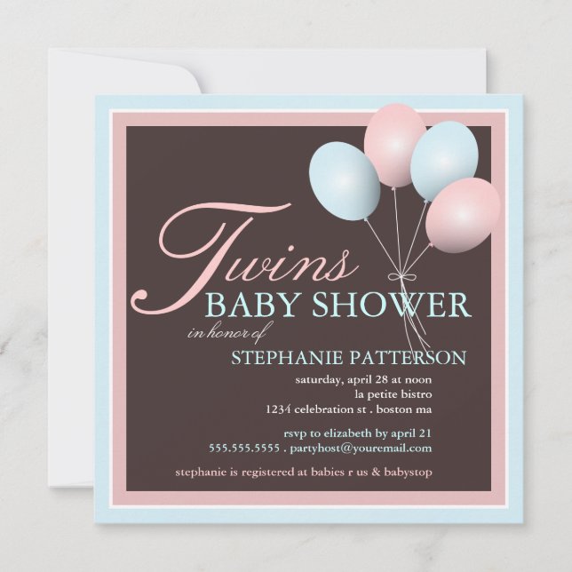 Elegante Babyballon Twins Kinderdusche Einladung (Vorderseite)