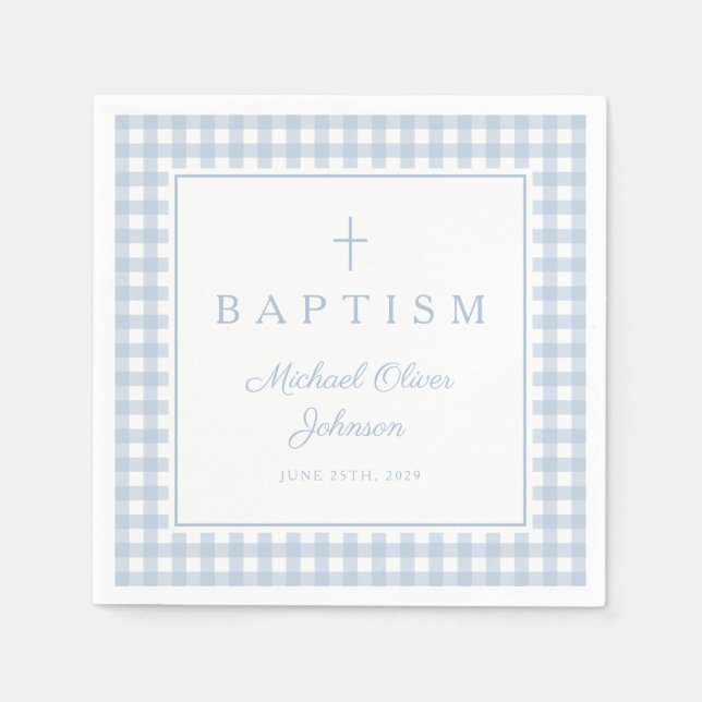 Elegante Babyblaue Gingham-Taufe für Jungen Serviette (Vorderseite)