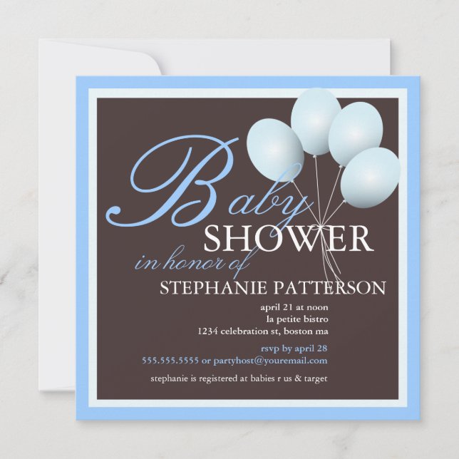 Elegante Babydusche Blauer Balloons Einladung (Vorderseite)