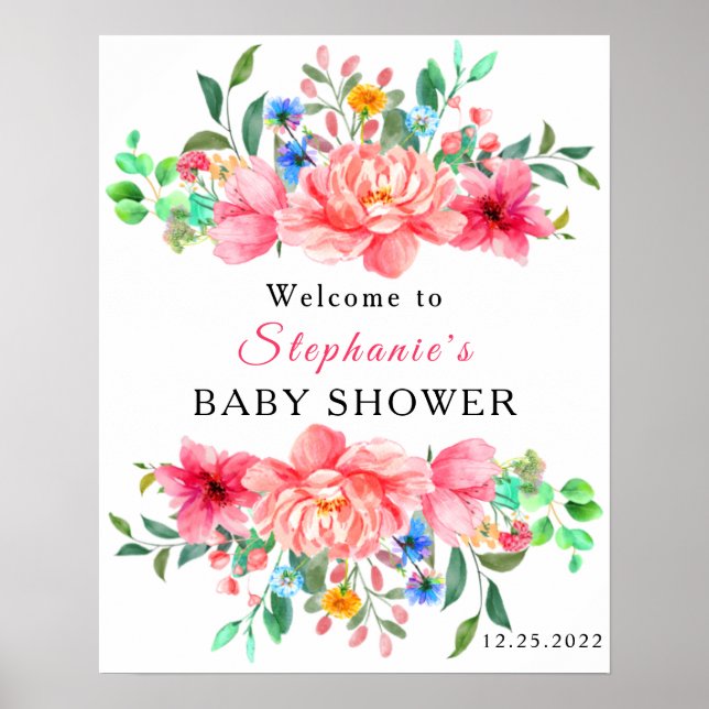 Elegante Babydusche Rosa Blume Poster (Vorne)