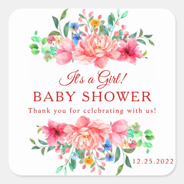 Elegante Babydusche Rosa Blume Quadratischer Aufkleber (Vorderseite)