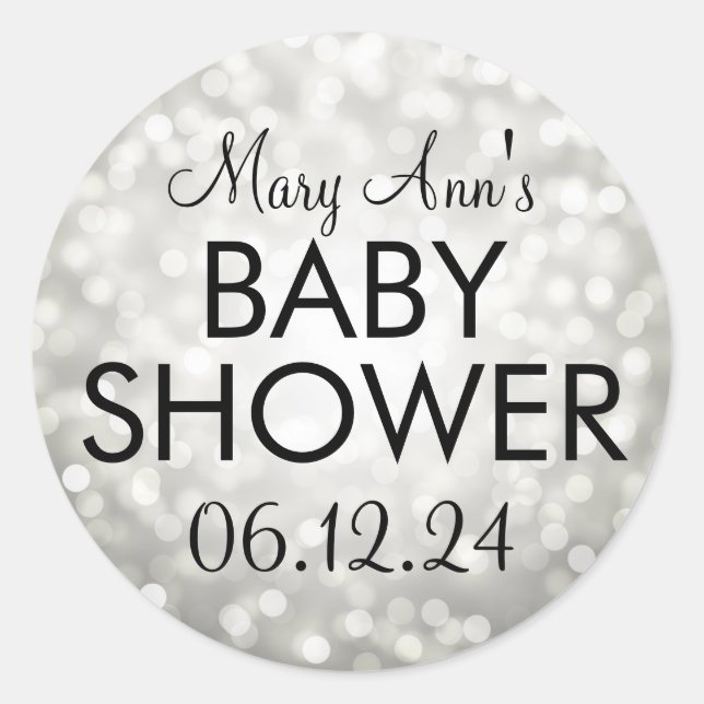 Elegante Babydusche Silver Glitzer Lights Runder Aufkleber (Vorderseite)