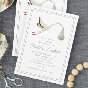 Elegante Babyparty für Storch - geschlechtsneutral Einladung