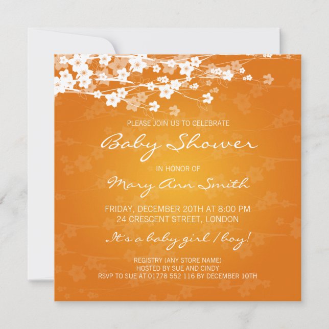 Elegante Babyparty-Kirschblüten-Orange Einladung (Vorderseite)