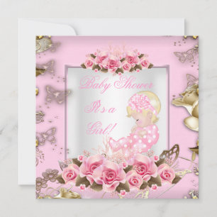 Elegante Babyparty Mädchen Rosa Rosen Gold Blond 2 Einladung