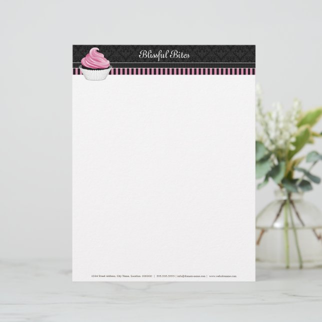 Elegante Bäckerei mit Cupcake und Damask Briefkopf (Stehend Vorderseite)