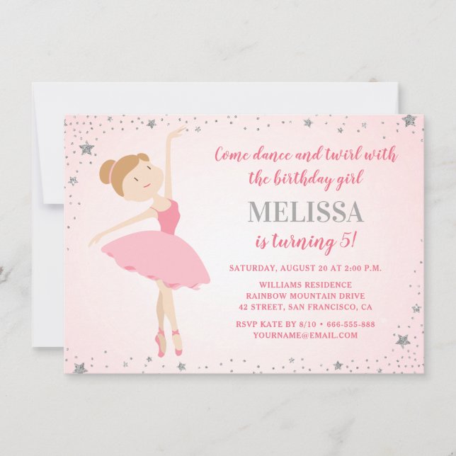Elegante Ballerina Pink Silver Stars Girl Birthday Einladung (Vorderseite)