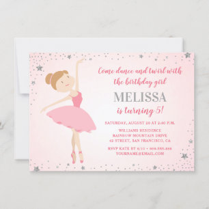 Elegante Ballerina Pink Silver Stars Girl Birthday Einladung