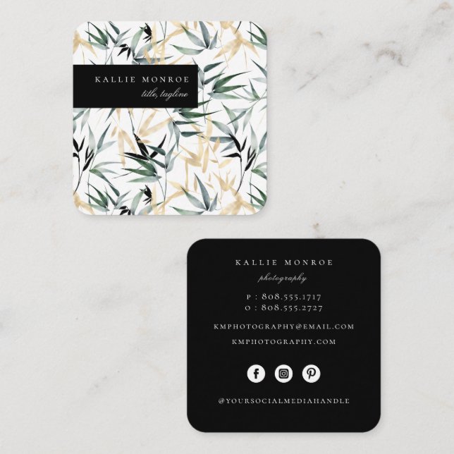 Elegante Bamboo Foliage Square Business Card Quadratische Visitenkarte (Vorne/Hinten)