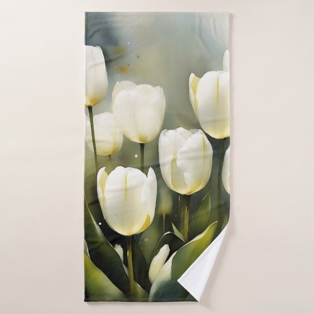 Élégante bande de tulipes blanches dans un jardin  (Serviette de bain)