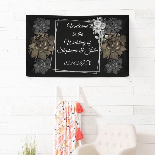 Élégante bannière de Mariage Floral noir et blanc (En situation)