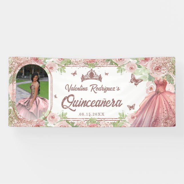 Élégante bannière Quinceanera d'anniversaire rose  (Horizontal)