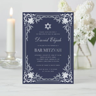 Elegante Bar Mitzwa Navy Blau Silber Grau Vintage Einladung