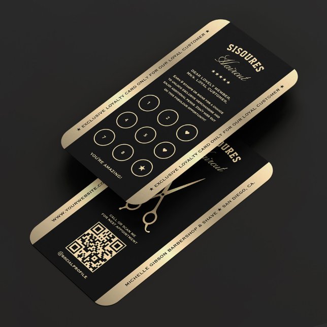Elegante Barber Imitats Gold Scissors Loyalitätska Visitenkarte (Barber Barbershop Black Gold Scissors Loyalty Card
)