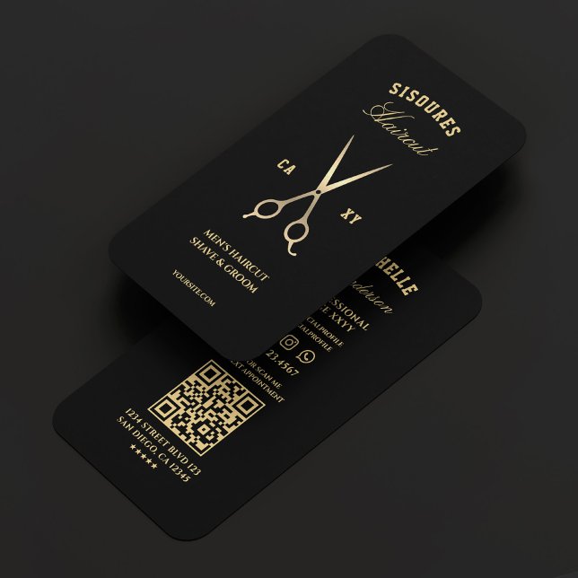 Elegante Barbershop Black Gold Barber Scissors Visitenkarte (Elegant Barbershop Black Gold Barber Scissors Business Card
)