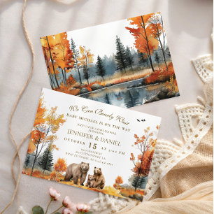 Elegante Bärenfamilie im Herbst - Wald-Babyparty Einladung