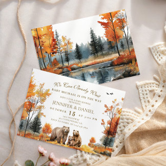 Elegante Bärenfamilie im Herbst - Wald-Babyparty Einladung
