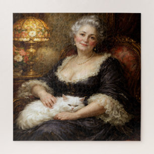 Elegante Barockdame mit weißer Katze posierend