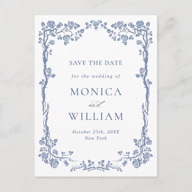 Elegante barocke blaue Rose Hochzeit speichern das Postkarte (Vorderseite)
