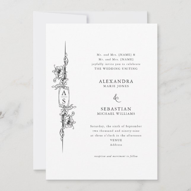Elegante Barocke Schwarz-weiße, florale feierliche Einladung (Vorderseite)