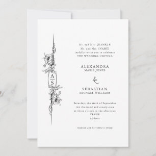 Elegante Barocke Schwarz-weiße, florale feierliche Einladung